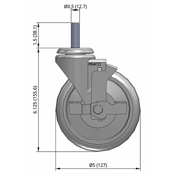 Side view drawing of caster with dimensions